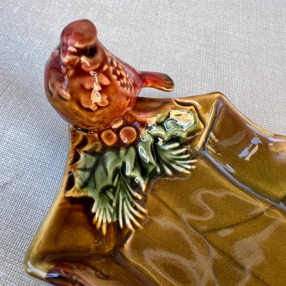 TII 7” Dish Ceramic Red Cardinal Bird Fall Autumn Maple Leaf Candy Trinket - Picture 2 of 5